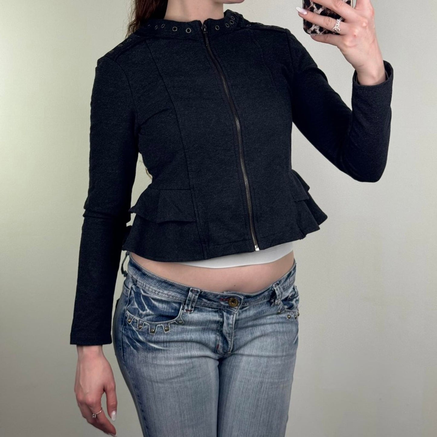Y2K vintage zip up jumper grommet ruffle frill marl dark grey archive cropped
