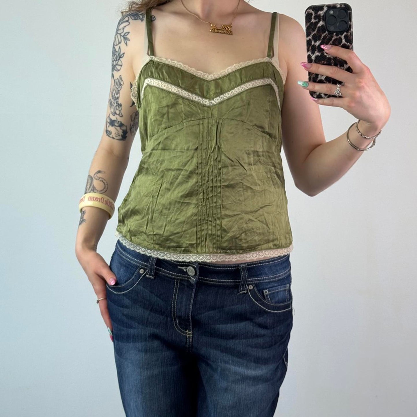 Y2K vintage silk lace trim cotton cami top strappy green cream grey
