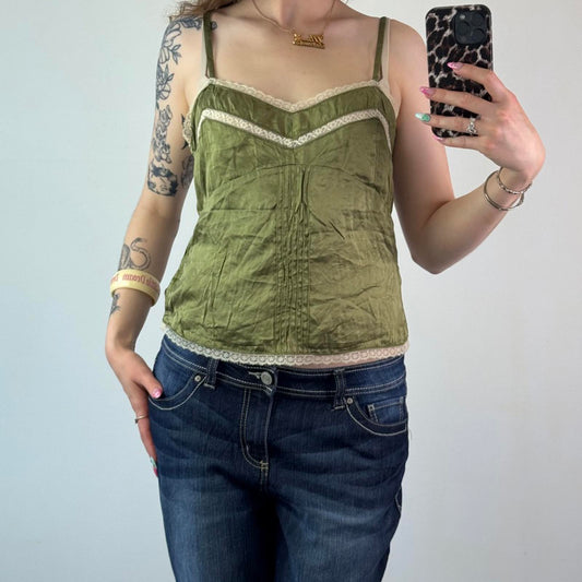 Y2K vintage silk lace trim cotton cami top strappy green cream grey