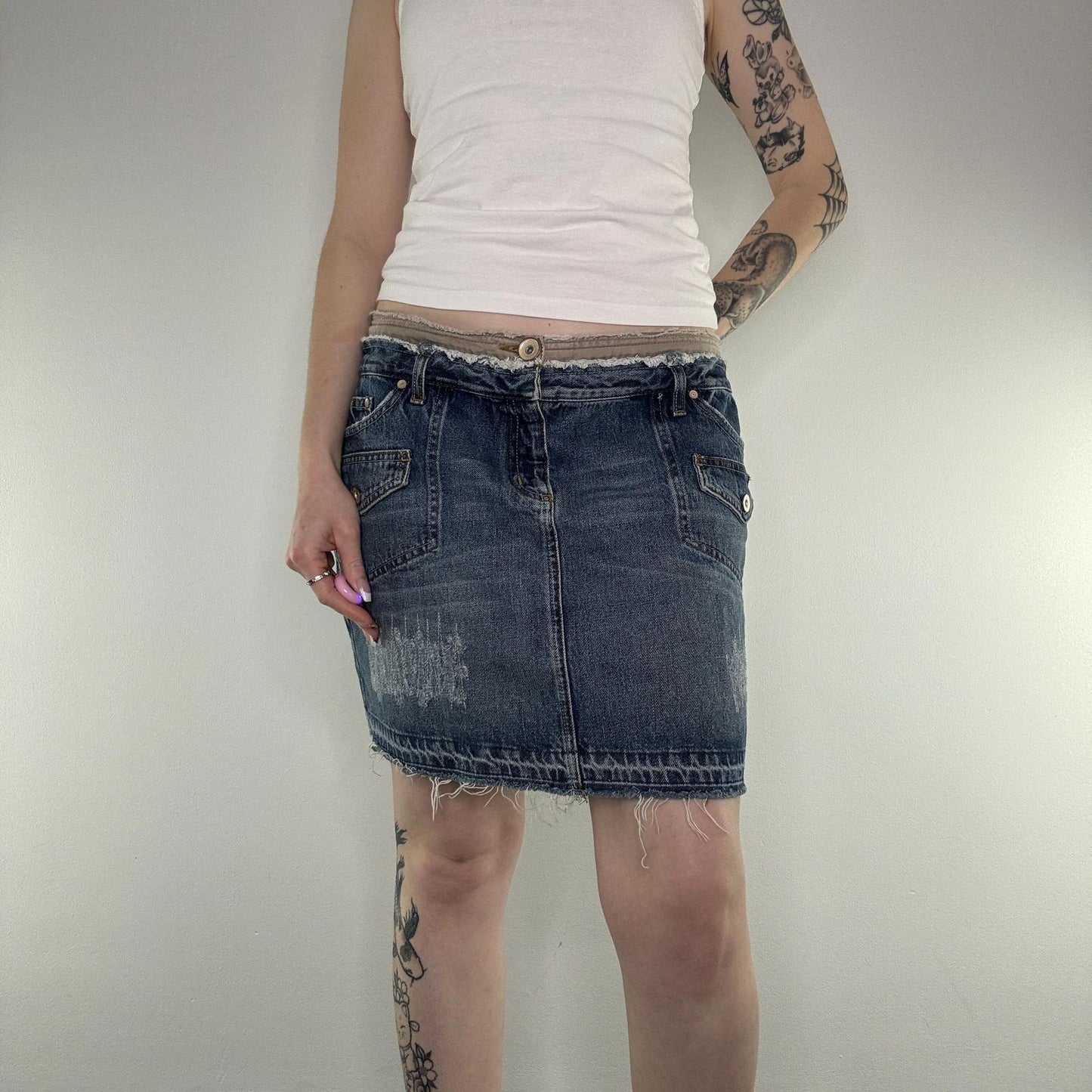 Y2K vintage distressed fraying hem cargo denim mini skirt