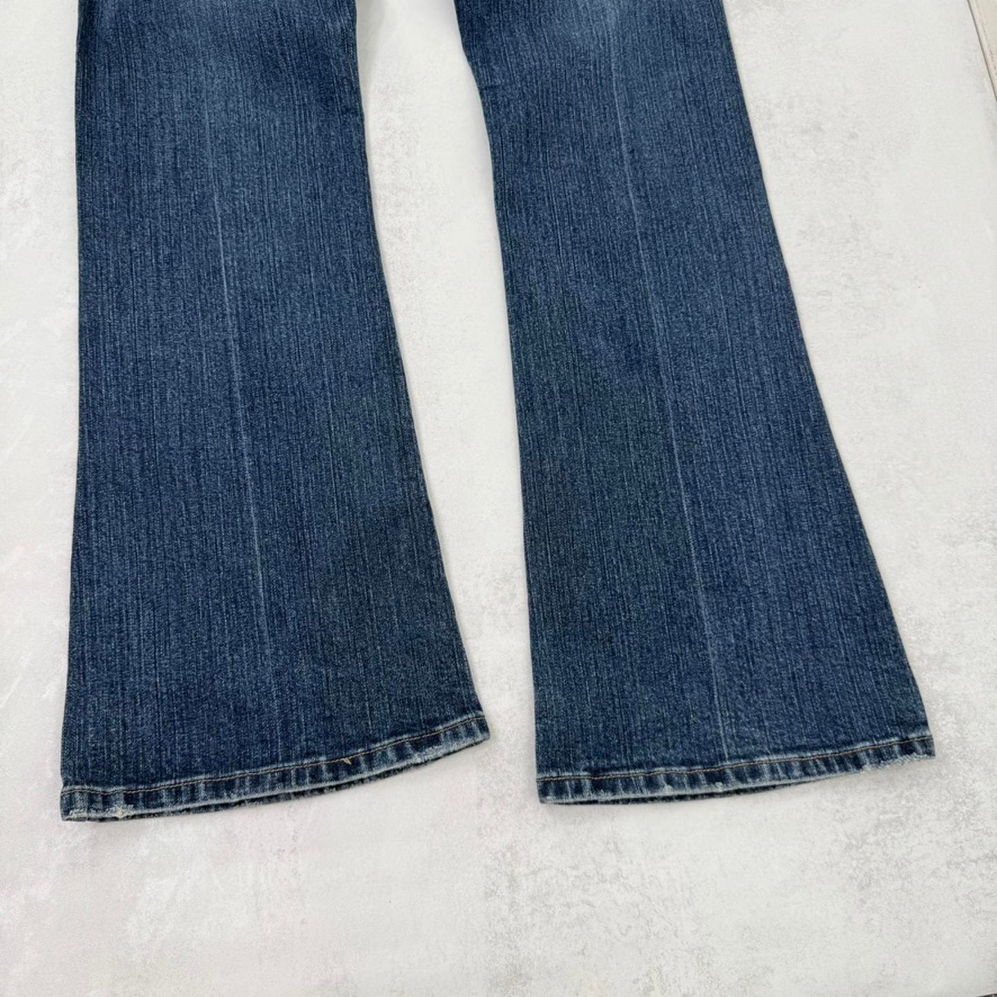 Y2K vintage bootcut denim jeans mid rise stretchy faded mid blue wash