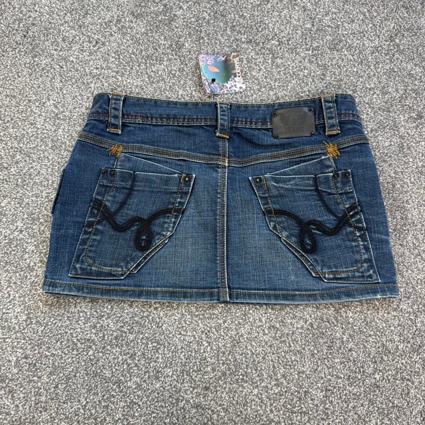 Y2K vintage micro low rise denim mini skirt dark blue embroidery pockets