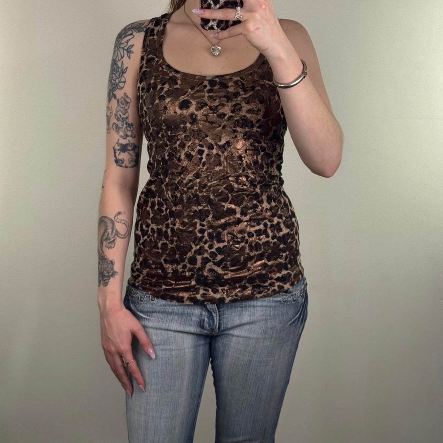 Y2K vintage leopard print tank top racerback brown shimmer round neckline