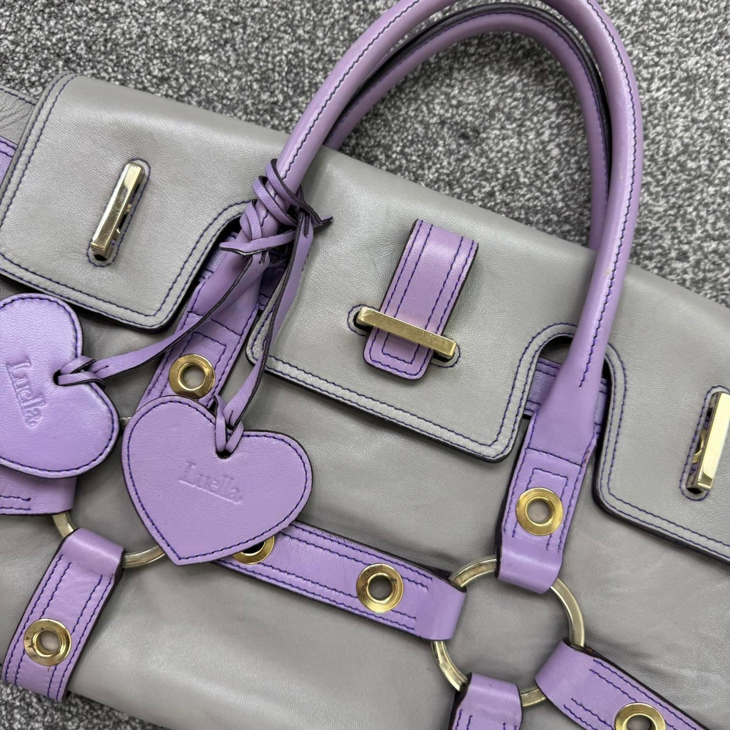 Luella Gisele large handbag grey purple genuine leather two tone grommet hearts