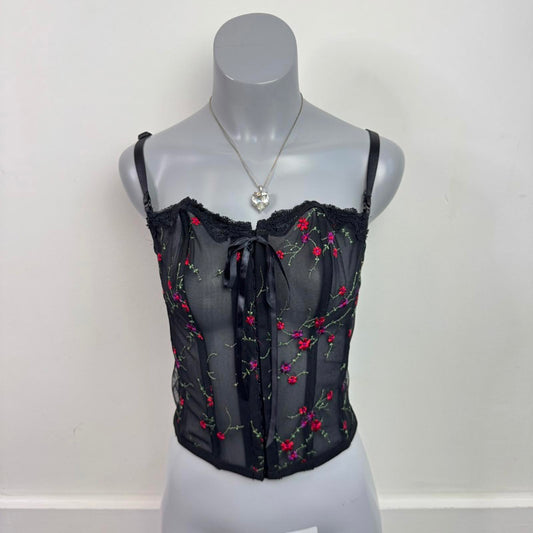 Y2K vintage Evie boned mesh corset bustier top strapless floral embroidered- L