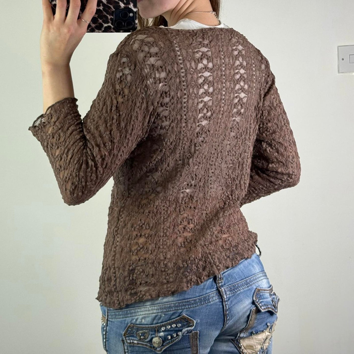 Y2K vintage mesh lace 3/4 sleeve top bust bow keyhole round deep neckline sheer
