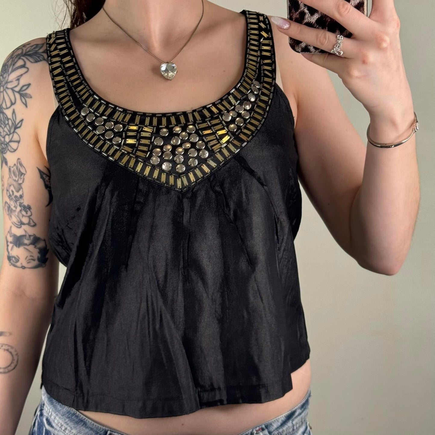 Y2K vintage embellished blouse tank sleeveless beaded round neck flowy boho