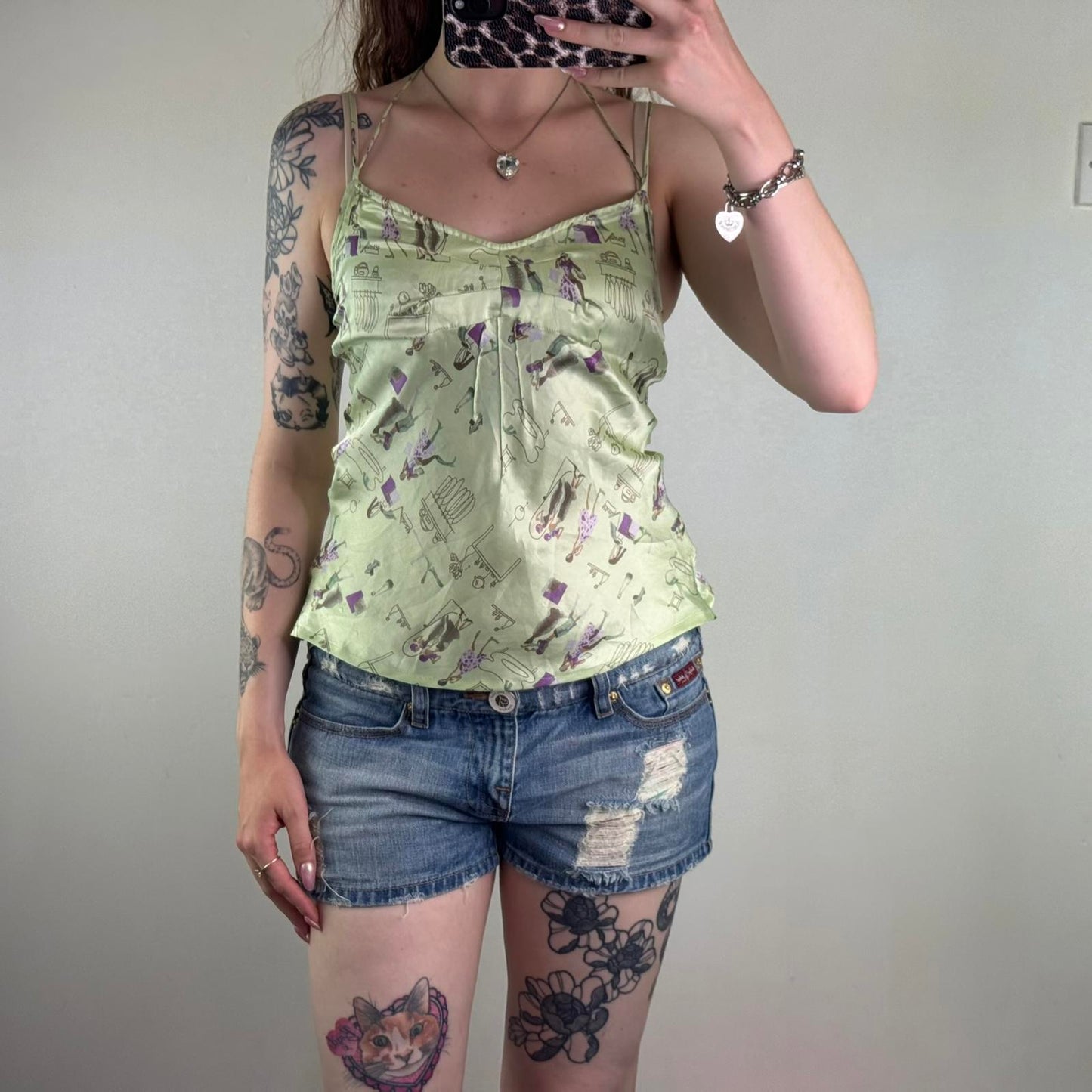 Y2K vintage graphic print satin strappy cami top fashion shopping light green