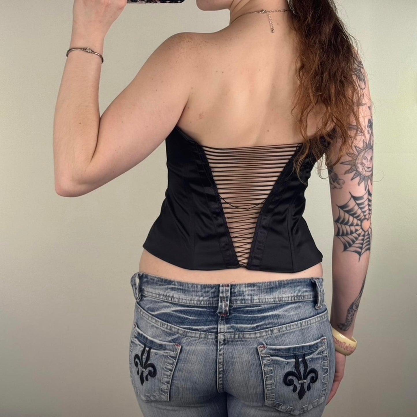 Y2K vintage strapless boned top open back strappy satin black bustier
