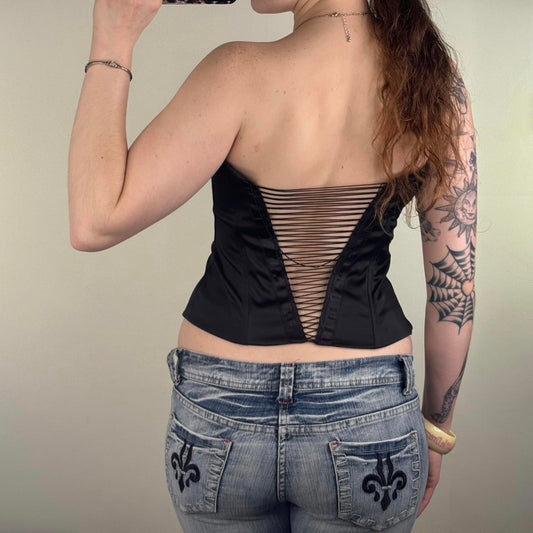 Y2K vintage strapless boned top open back strappy satin black bustier