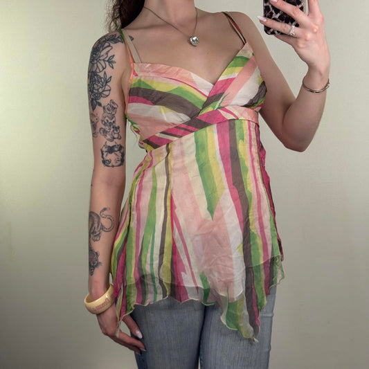 Y2K vintage 100% silk blouse bow asymmetrical bow fairy stripe pattern multi