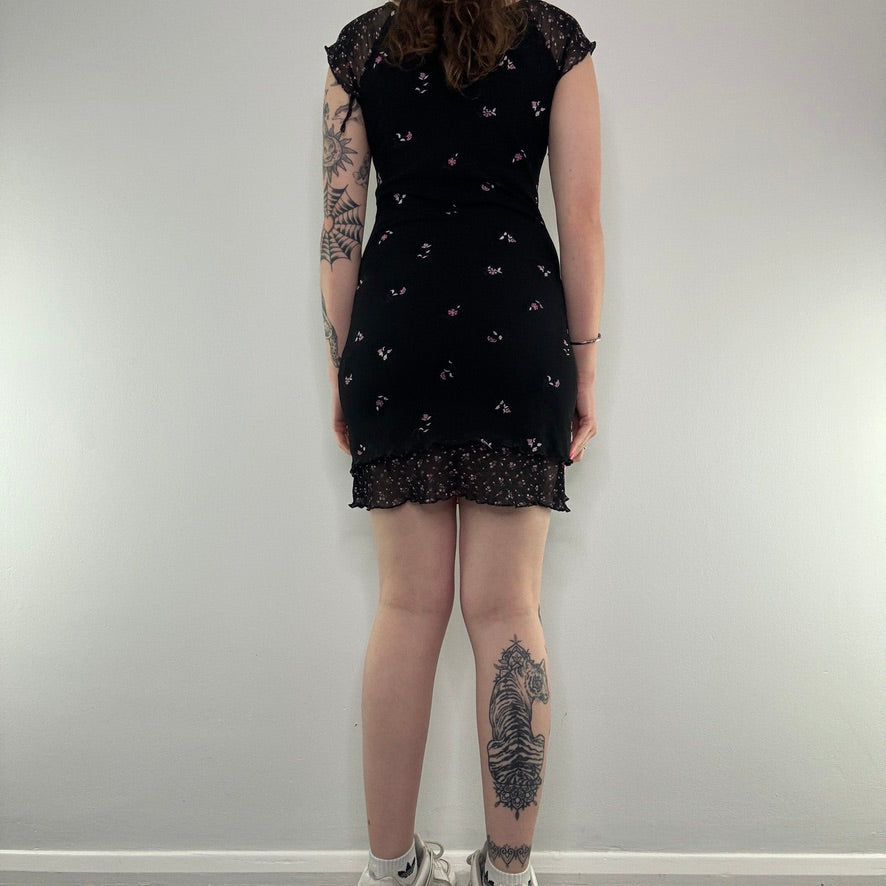 Y2K black ditsy floral cap sleeve mini dress