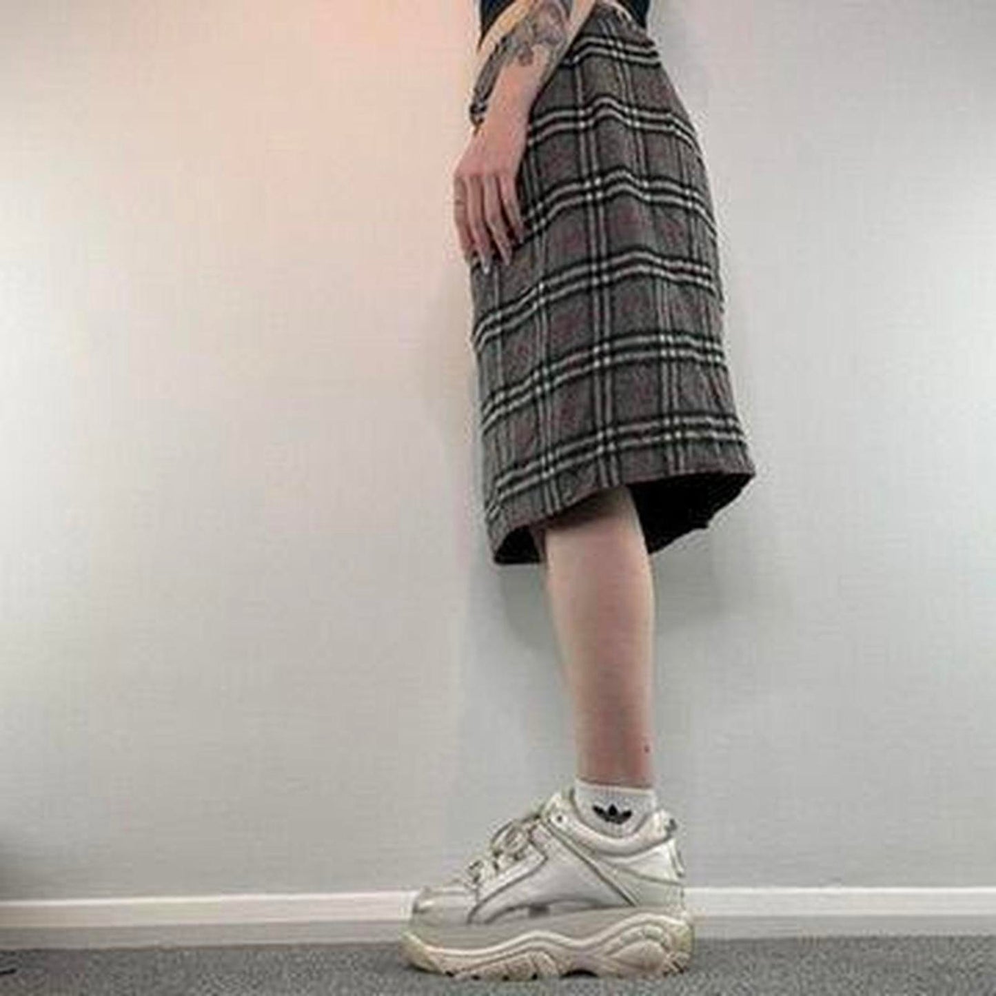 Y2K vintage wool nova check midi skirt knee length print grey