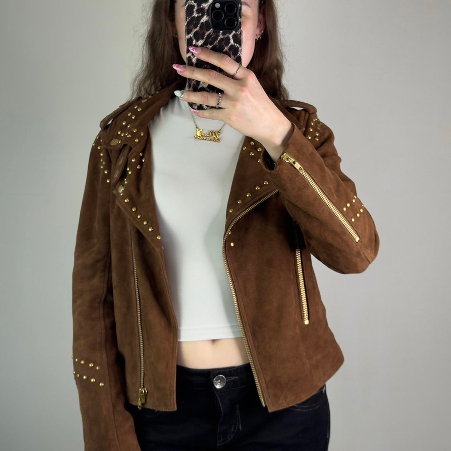 Vintage suede studded asymmetrical zipper jacket biker boho 2010s archive short