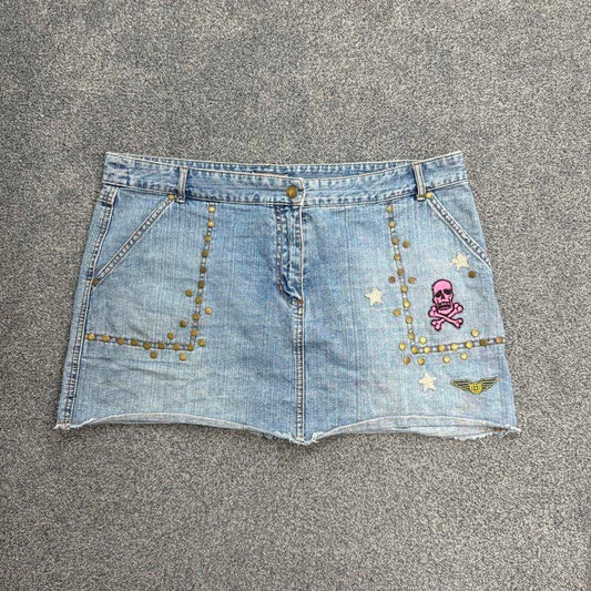 Y2K vintage low rise studded skull denim mini skirt patch usa military mcbling