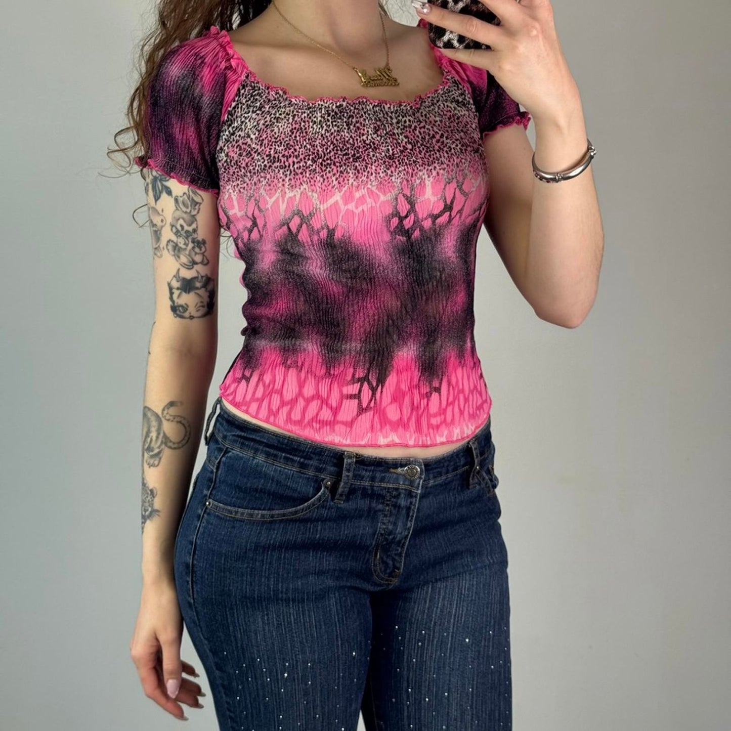 Y2K vintage stretchy off the shoulder leopard print giraffe ombre short sleeve