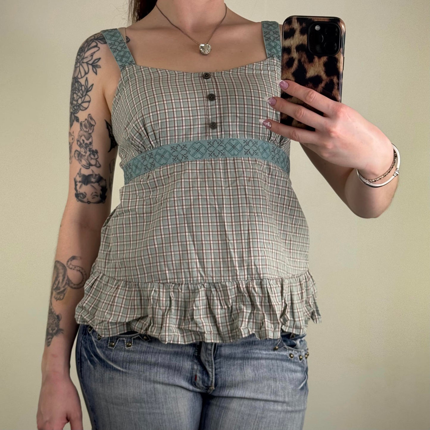 Y2K vintage tank top tartan plaid tie bow frilly button coquette light blue