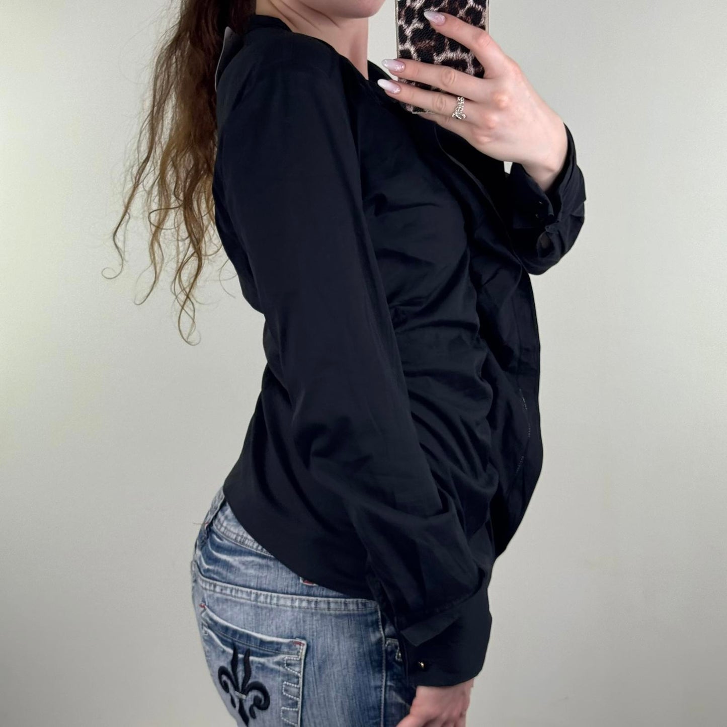 Y2K vintage blouse stretchy ruffle long sleeve v neck shirt fitted black ruched