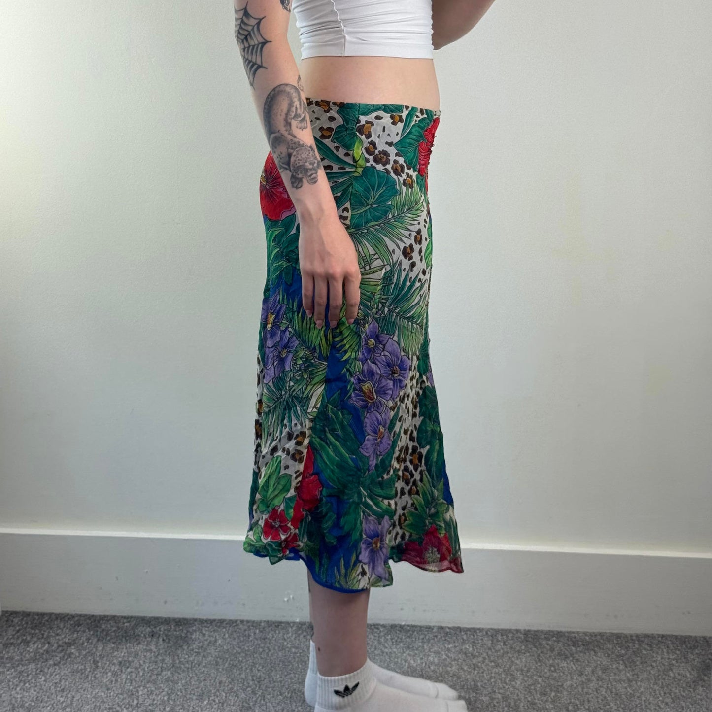 Y2K vintage low rise midi skirt beaded leopard print floral palm tree hibiscus