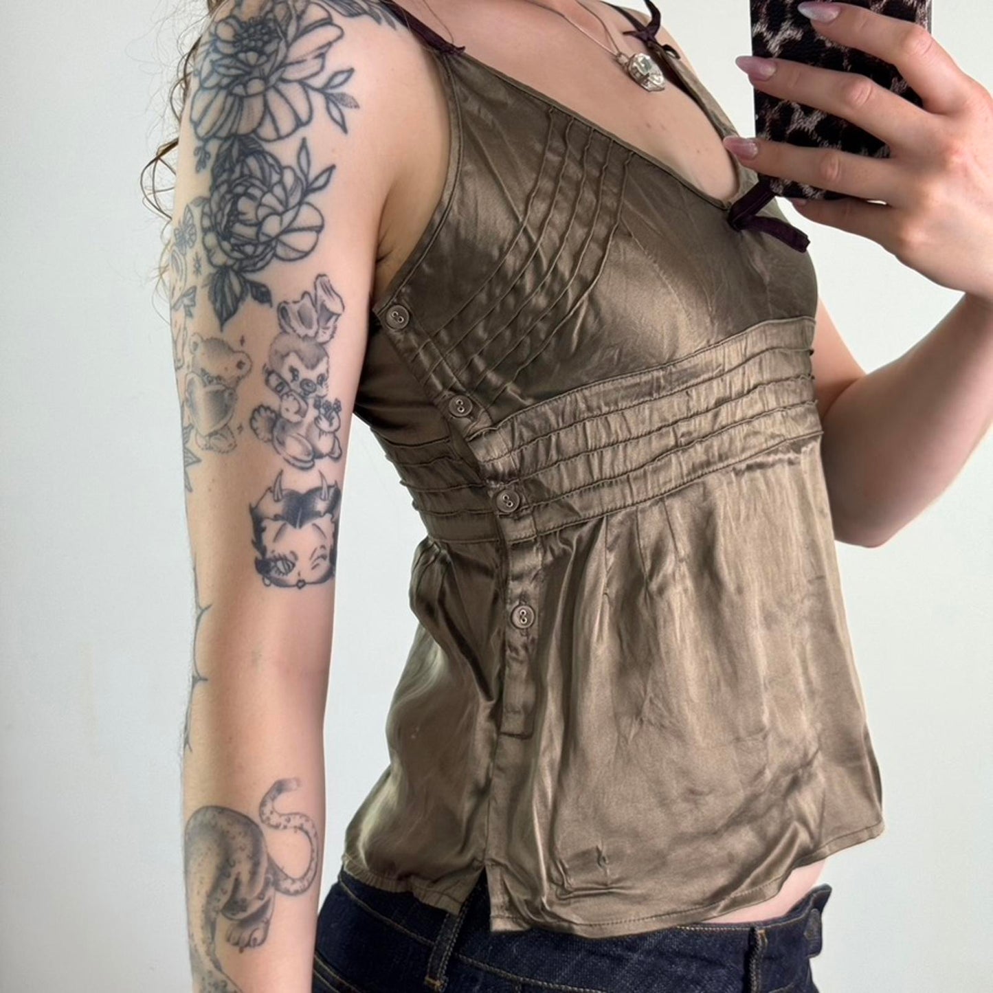 Y2K vintage part silk cami top flowy floaty adjustable bow straps khaki v neck