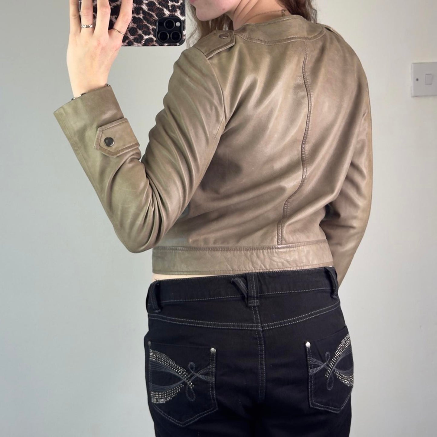 Y2K vintage genuine butter soft leather zip up jacket round neckline olive green