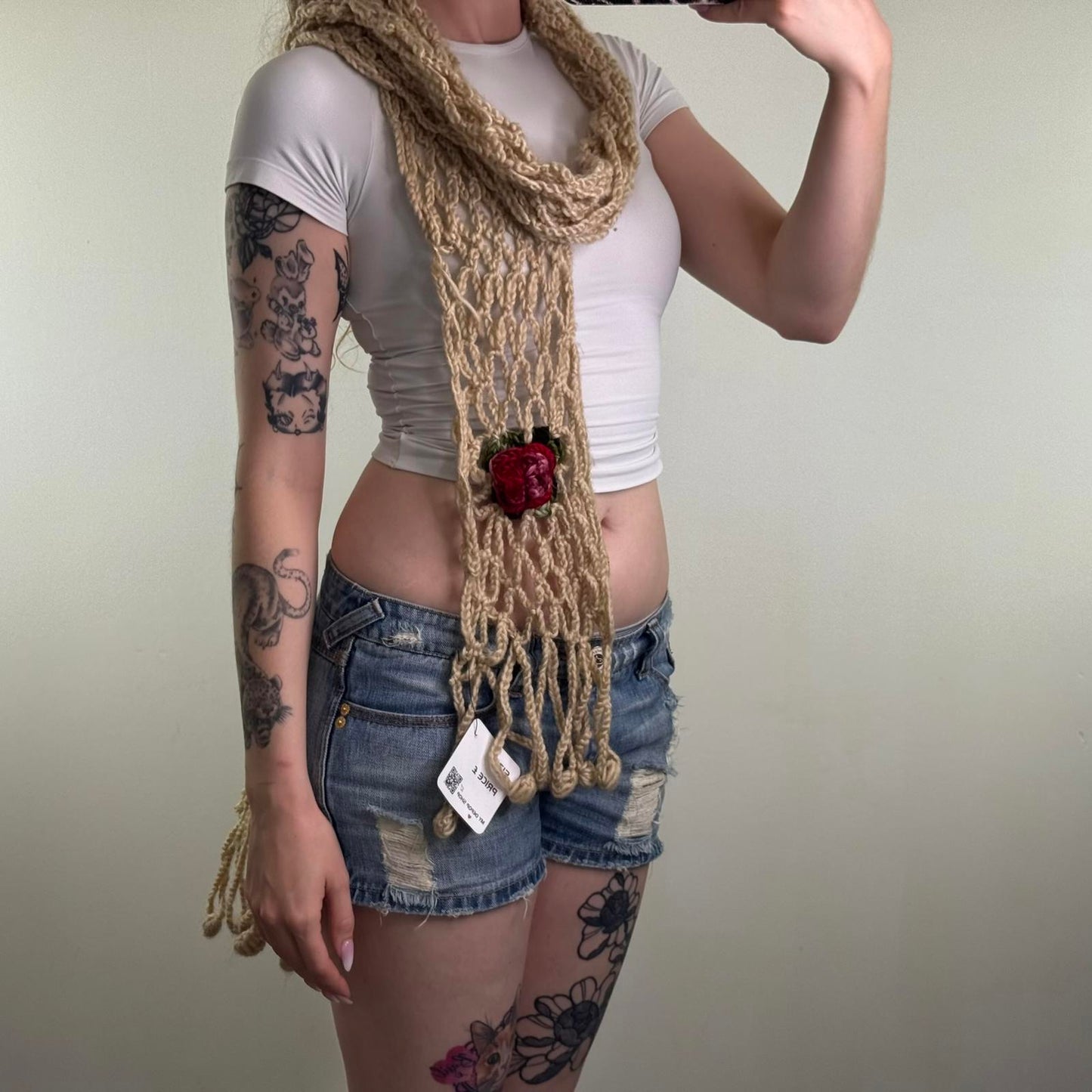 Y2K vintage crochet knit scarf 3D rose chunky beige red