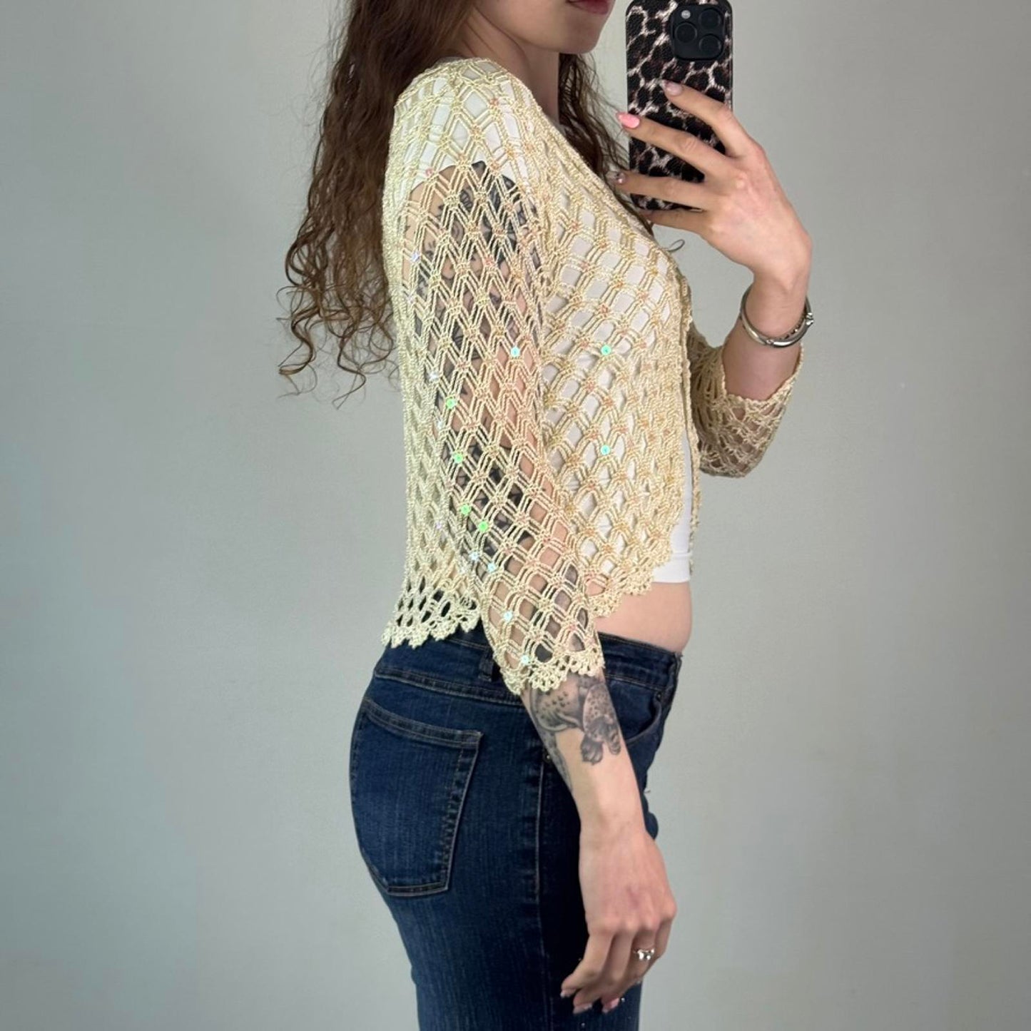 Y2K vintage sequin crochet scallop hem button cardigan 3/4 sleeve summer