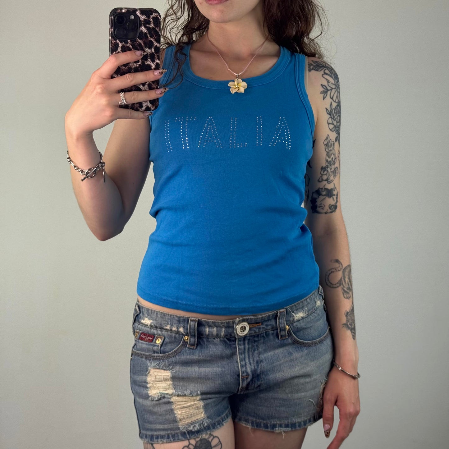 Y2K vintage rhinestone Italia Italy tank top rhinestone blue spell out