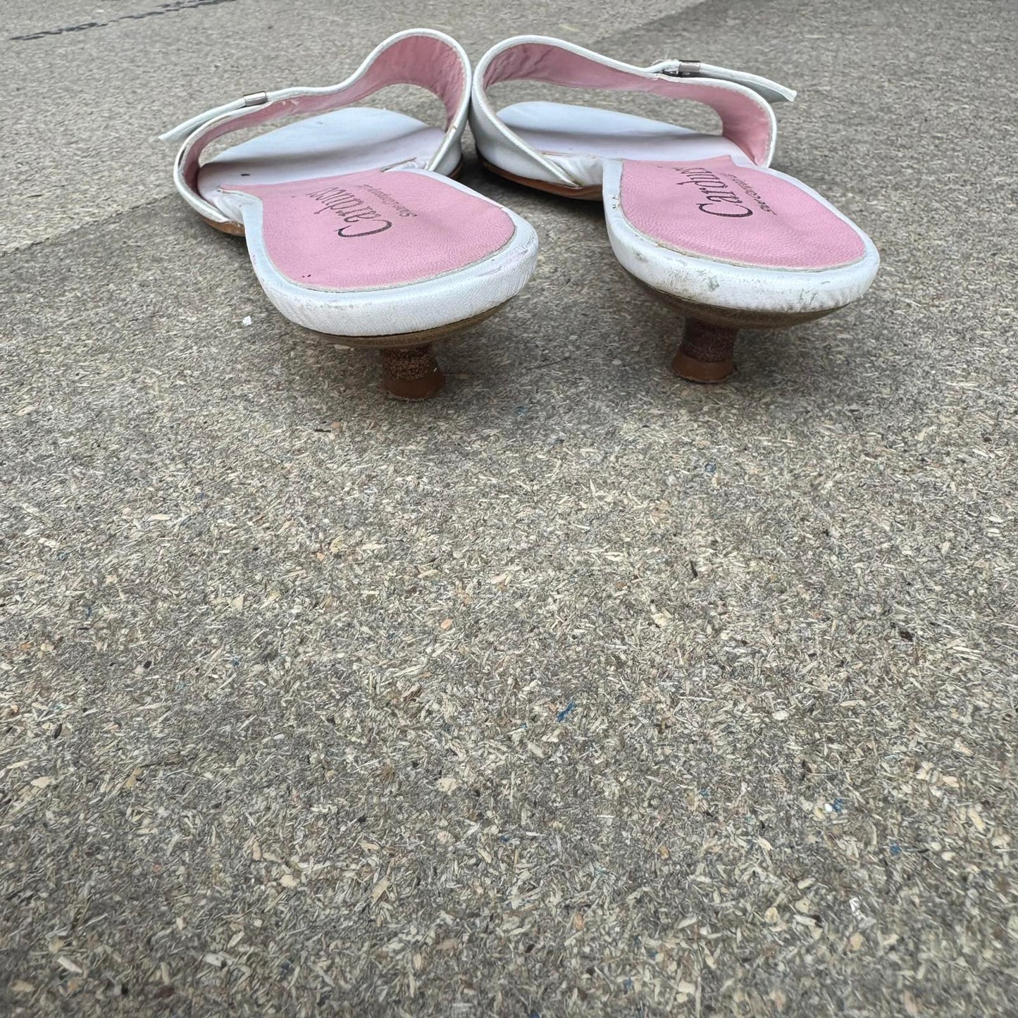 Y2K vintage genuine leather kitten wooden heel mule sandal slip on silver buckle