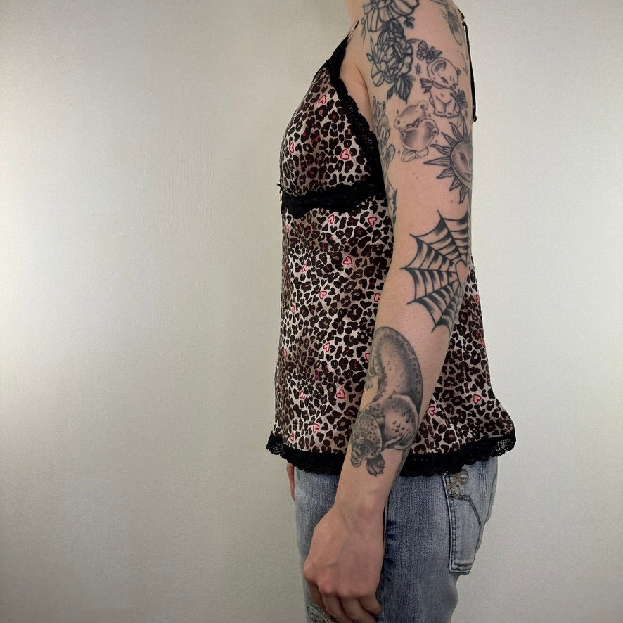 Y2K vintage leopard cami top padded bra built in support lace heart charm print