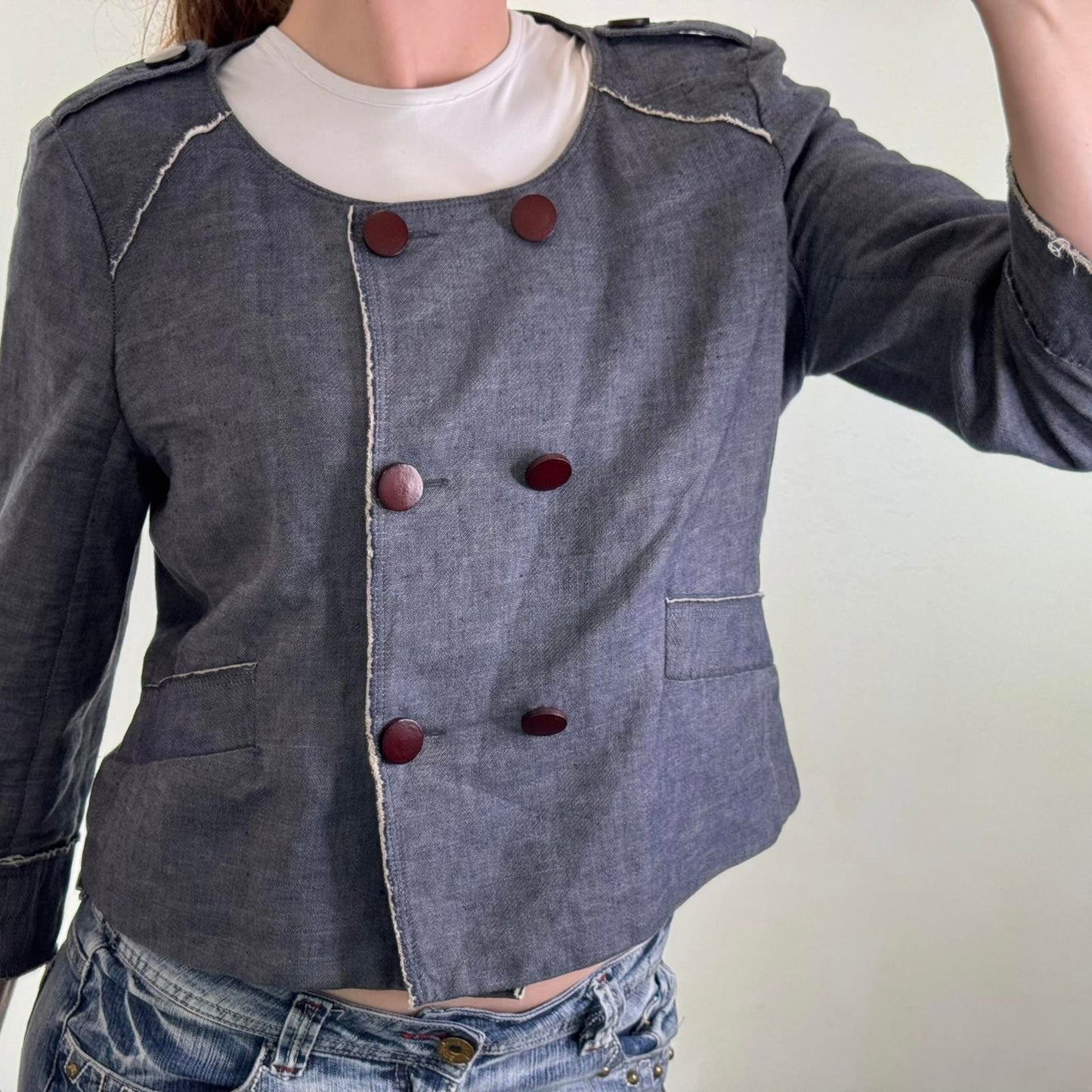 Y2K vintage linen blend pea coat lightweight jacket cropped 3/4 sleeve