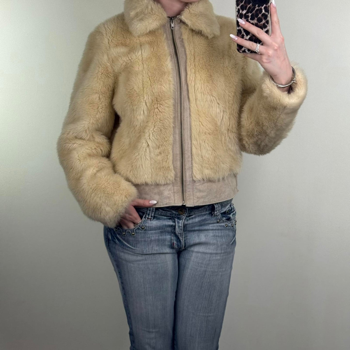 Y2K vintage faux fur zip up coat genuine suede trim collar beige fluffy