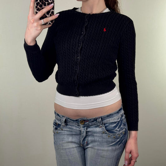 Polo Ralph Lauren cable knit button up cardigan cropped black red high neck