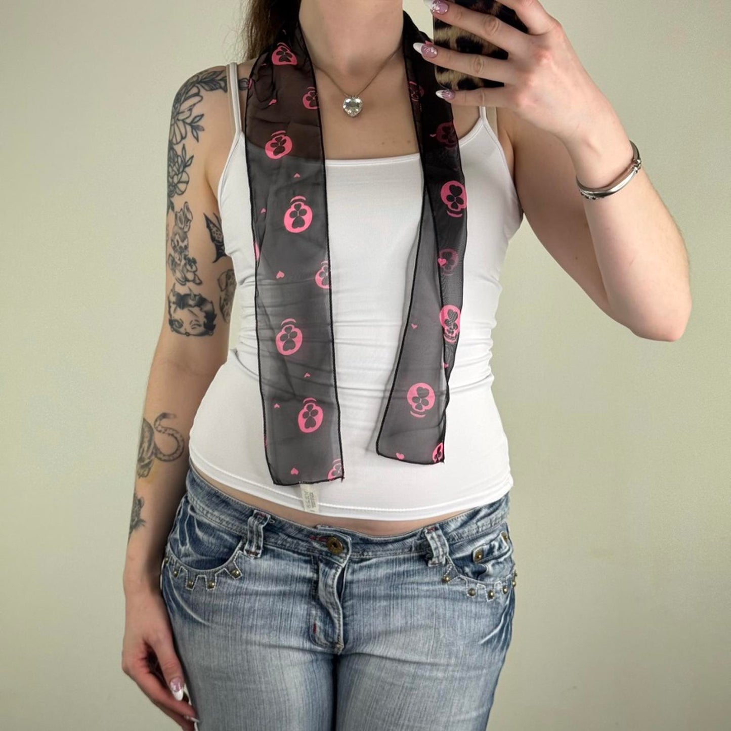 Y2K vintage skull scarf sheer pattern print black pink heart