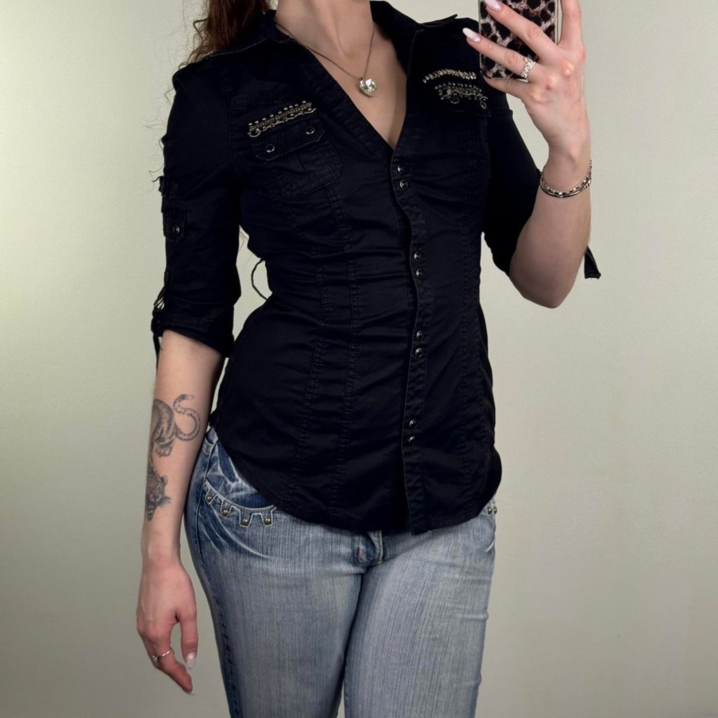 Vintage Jane Norman button up shirt 3/4 sleeve popper v neck fitted black buckle