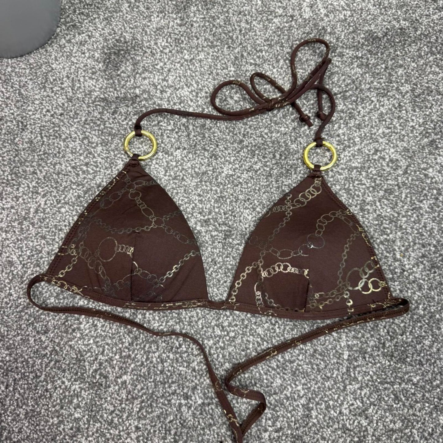 Y2K vintage halter neck bikini top o ring chain buckle pattern lightly padded