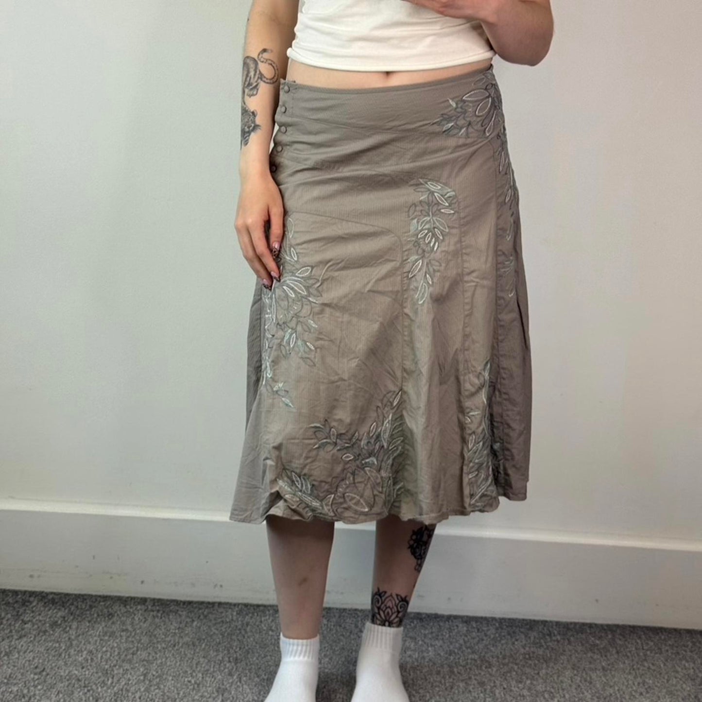 Y2K vintage stripe floral embroidered midi skirt a line button up 100% cotton