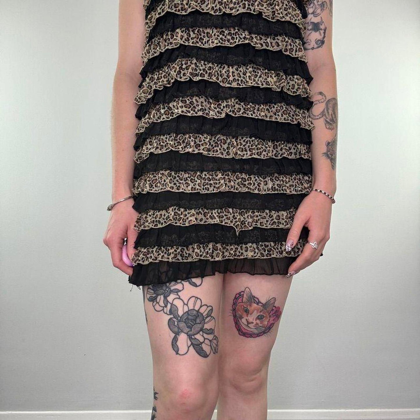 Y2K vintage leopard print sparkly frilly mini dress tiered round neck black