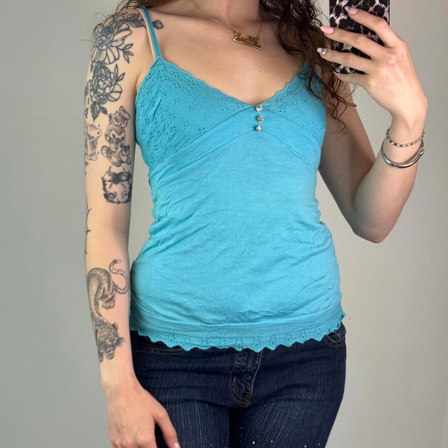 Y2K vintage Bay cami top tie back bow rhinestone v neck scallop hem