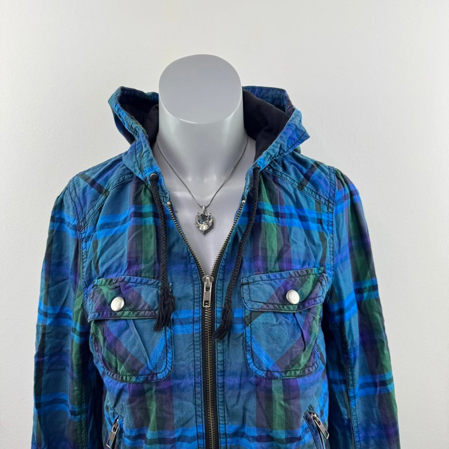 Y2K vintage tartan check zip up bomber jacket lightweight with hood plaid blue