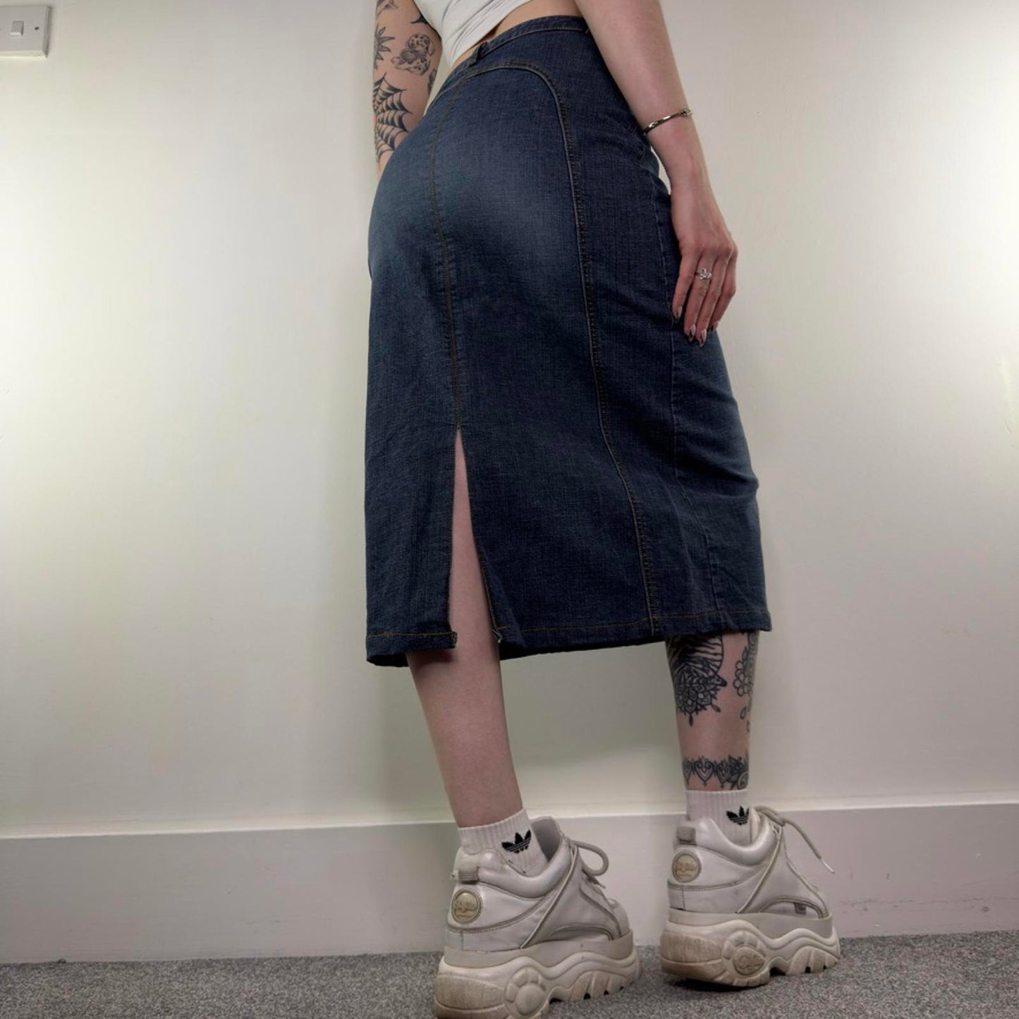 Y2K vintage stretchy denim midi skirt