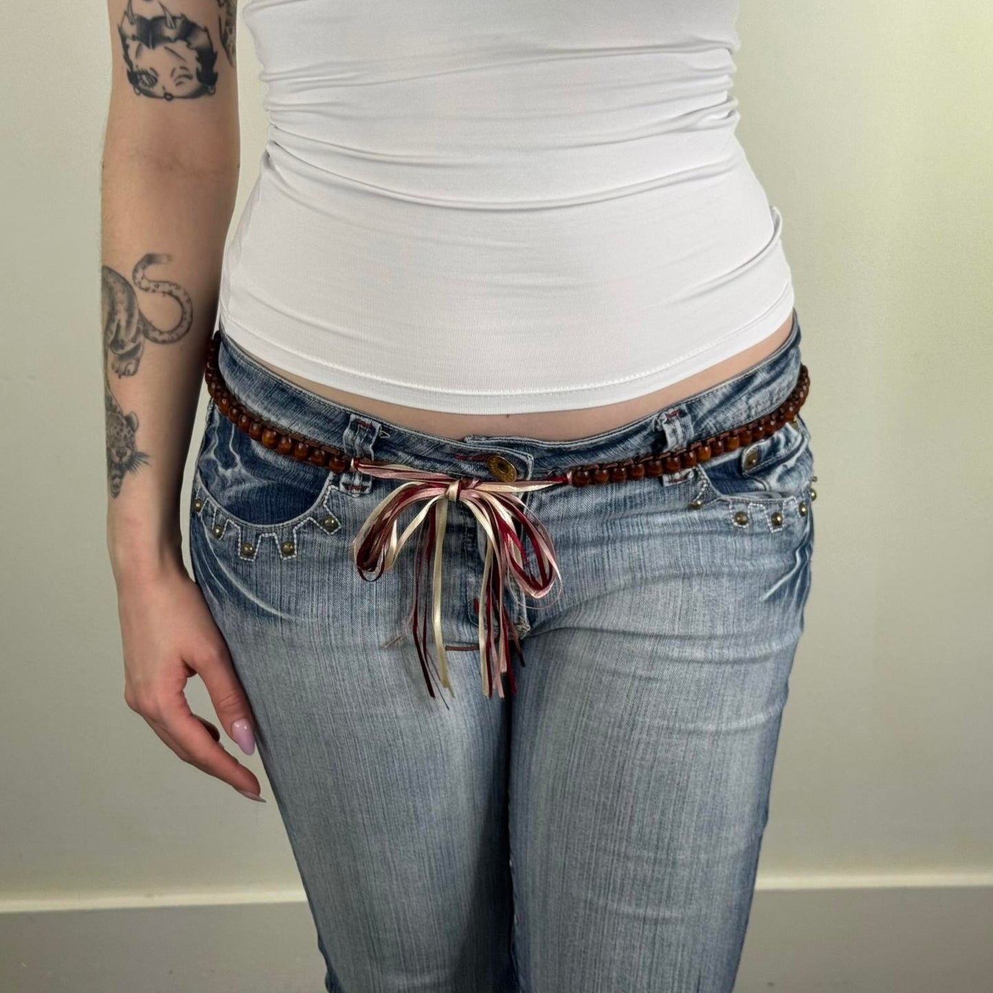 Y2K vintage beaded belt skinny ribbon wooden pink thin