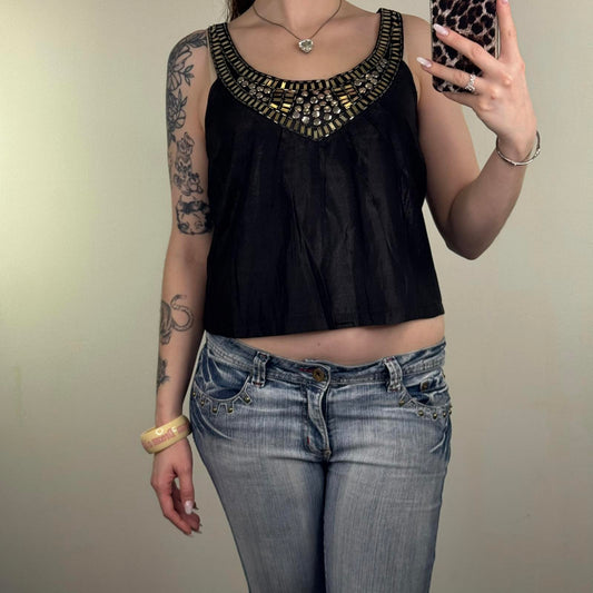 Y2K vintage embellished blouse tank sleeveless beaded round neck flowy boho