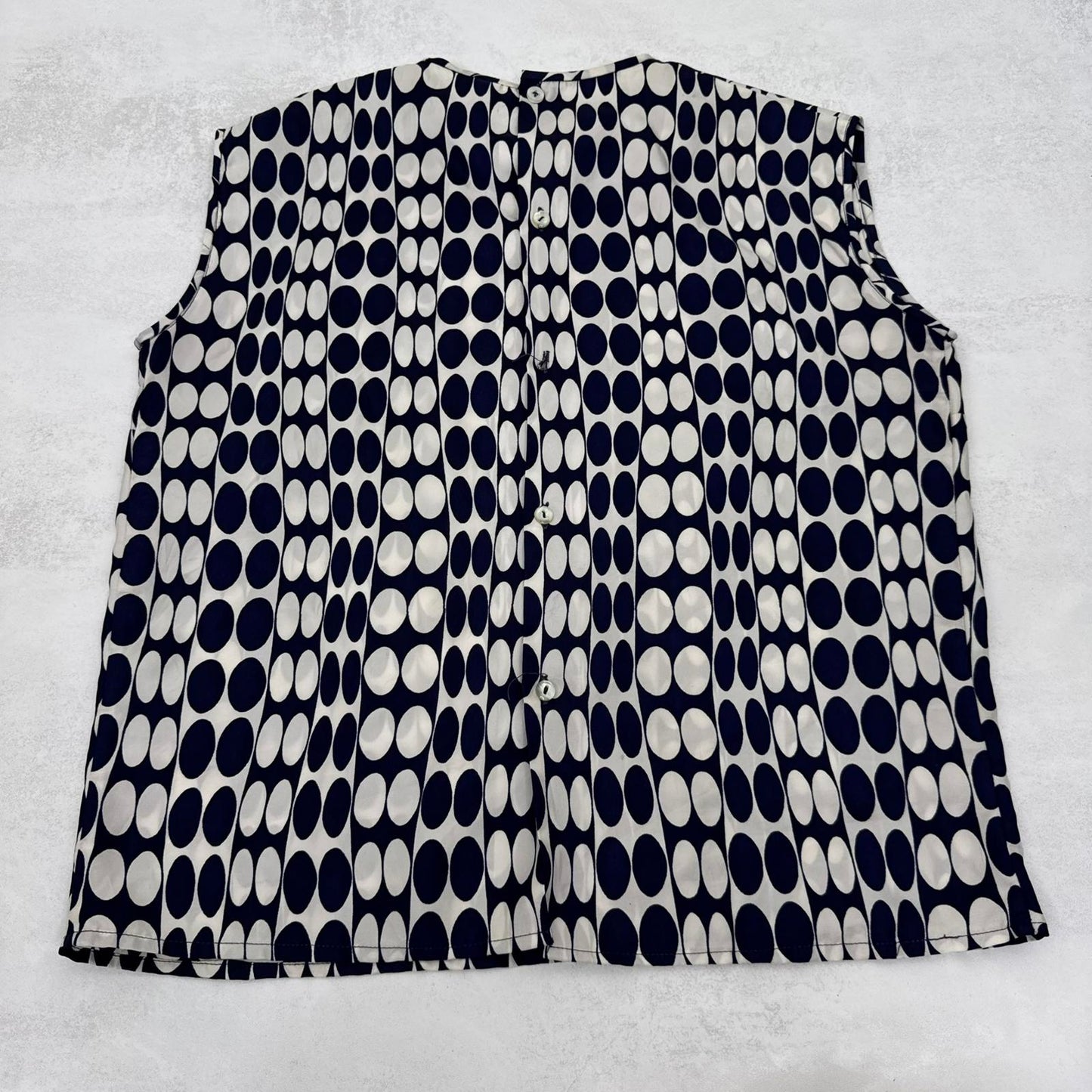 1960s true vintage sleeveless blouse spotty pattern bow button up navy white