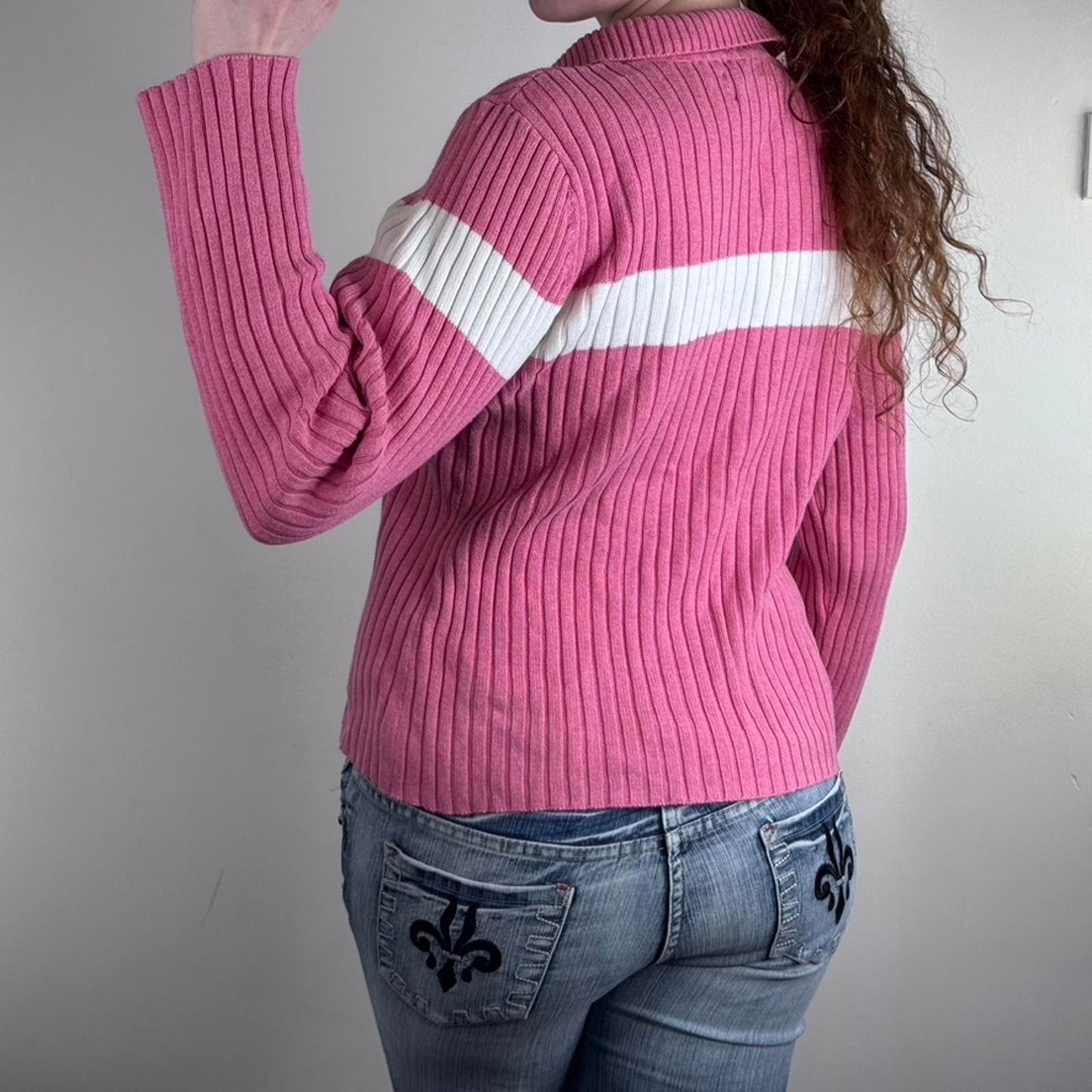 90s Y2K vintage Tommy Hilfiger jumper henley ribbed high neck pink white knit