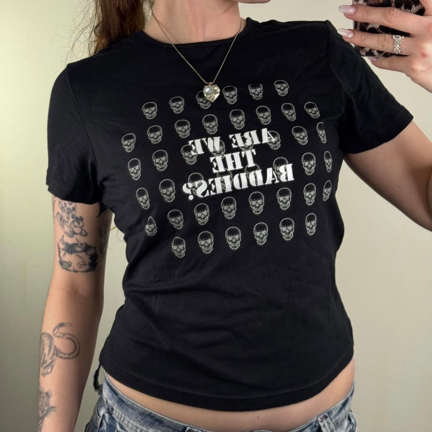 Y2K vintage skull t shirt top graphic print Mitchell and Webb are we the baddies