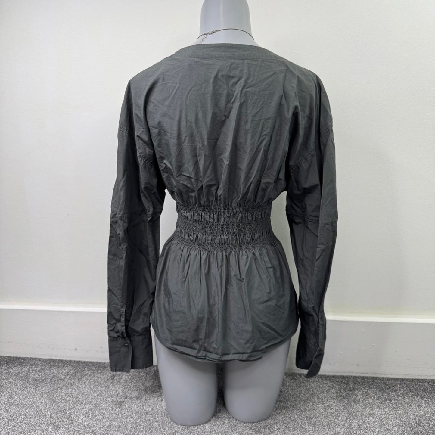 ARKET Smock Waist Poplin Blouse long sleeve shirt v neck button up RRP £69