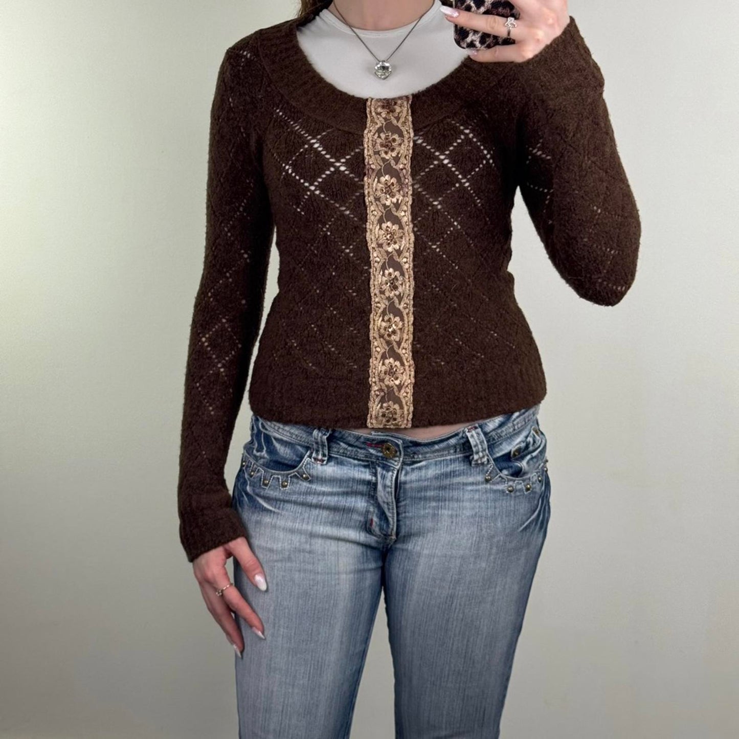 Y2K vintage Per Una knitted jumper lace trim sequin floral round neck sheer