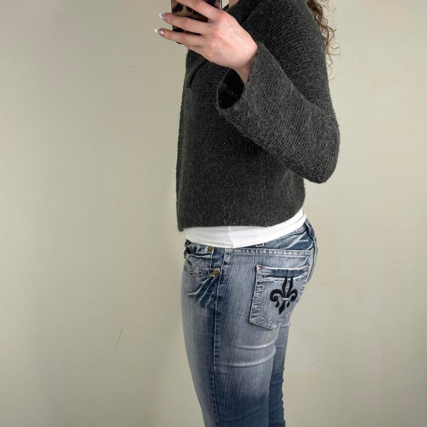 Y2K vintage knit cardigan flare sleeve button grey short length fold over neck