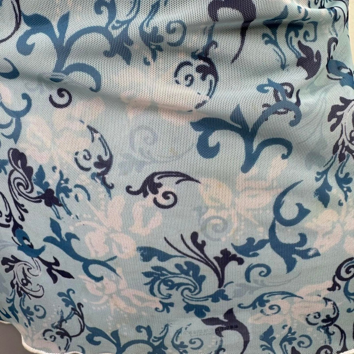 Y2K vintage mesh cami top lace trim filigree pattern bow sheer blue white fitted